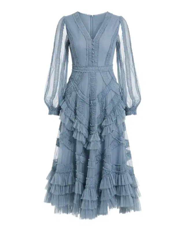 Mac Duggal Mesh Micro Ruffle Midi-Dress