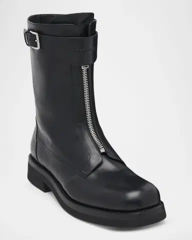 McQueen Men's Biker Leather Center-Zip Buckle Boots | Thumbnail 3