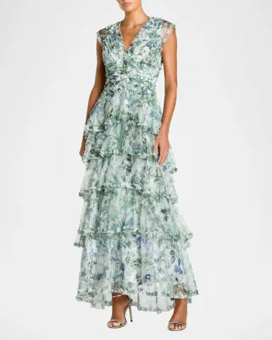 Mac Duggal Floral Mesh Ruffled V-Neck Maxi Dress | Thumbnail 2 Mac Duggal Floral Mesh Ruffled V-Neck Maxi Dress | Thumbnail 2