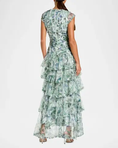 Mac Duggal Floral Mesh Ruffled V-Neck Maxi Dress | Thumbnail 3 Mac Duggal Floral Mesh Ruffled V-Neck Maxi Dress | Thumbnail 3