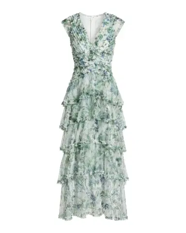 Mac Duggal Floral Mesh Ruffled V-Neck Maxi Dress | Thumbnail 1 Mac Duggal Floral Mesh Ruffled V-Neck Maxi Dress | Thumbnail 1