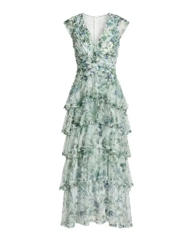 Mac Duggal Floral Mesh Ruffled V-Neck Maxi Dress