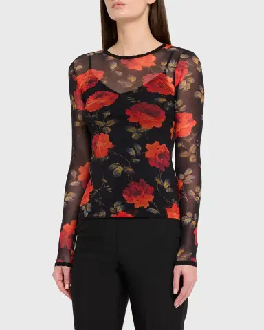 Carolina Herrera Rose Mesh Long-Sleeve Top | Thumbnail 4