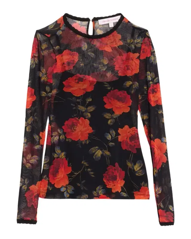 Carolina Herrera Rose Mesh Long-Sleeve Top