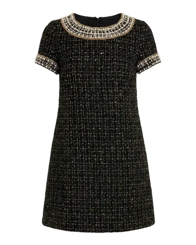 Short-Sleeve Boucle Mini Dress with Rhinestones