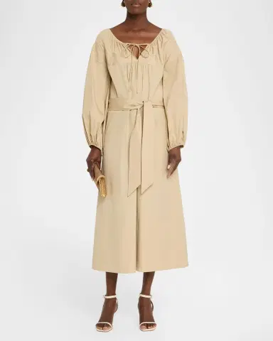 Vince Shirred Cotton Belted Tie-Neck Midi Dress | Thumbnail 2 Vince Shirred Cotton Belted Tie-Neck Midi Dress | Thumbnail 2