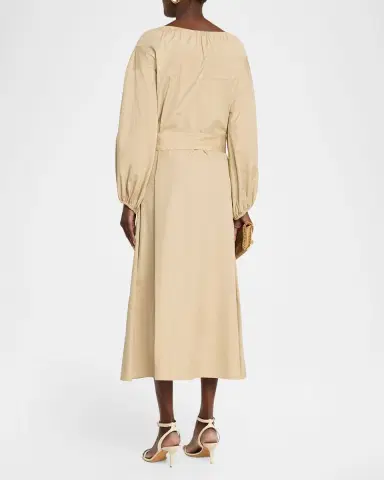 Vince Shirred Cotton Belted Tie-Neck Midi Dress | Thumbnail 3 Vince Shirred Cotton Belted Tie-Neck Midi Dress | Thumbnail 3