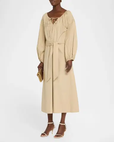 Vince Shirred Cotton Belted Tie-Neck Midi Dress | Thumbnail 4 Vince Shirred Cotton Belted Tie-Neck Midi Dress | Thumbnail 4