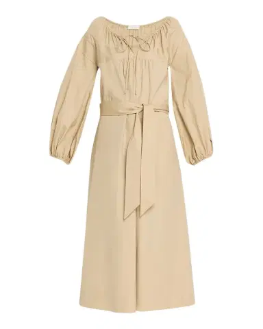 Vince Shirred Cotton Belted Tie-Neck Midi Dress | Thumbnail 1 Vince Shirred Cotton Belted Tie-Neck Midi Dress | Thumbnail 1