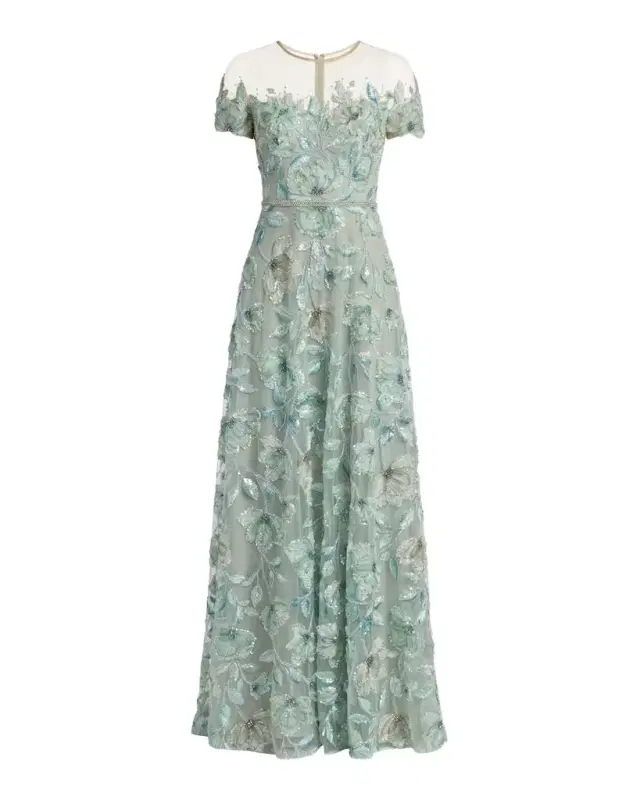 Beaded Floral Applique Illusion Gown