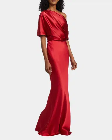 Amsale Draped Satin One-Shoulder Gown | Thumbnail 2