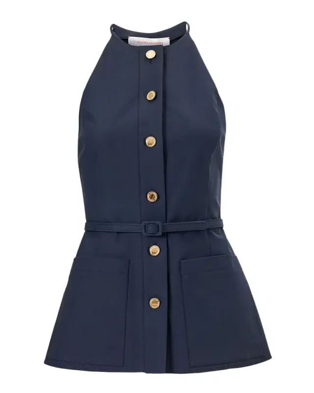Button-Front Belted Halter Peplum Top