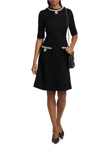 Teri Jon by Rickie Freeman Women's Flower & Faux-Pearl Embellished Bouclé Cocktail Dress - Black - Size 10 | Thumbnail 3