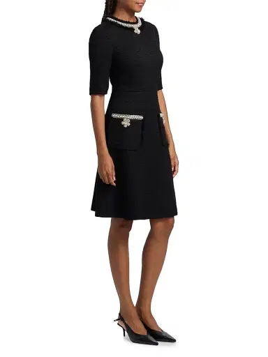 Teri Jon by Rickie Freeman Women's Flower & Faux-Pearl Embellished Bouclé Cocktail Dress - Black - Size 10 | Thumbnail 4