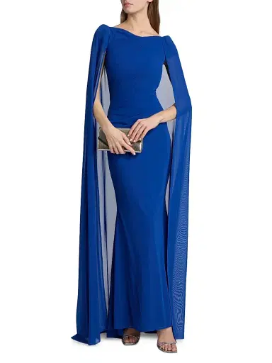 Talbot Runhof Women's Chiffon Cape-Sleeve Sheath Gown - Royal - Size 12 | Thumbnail 2
