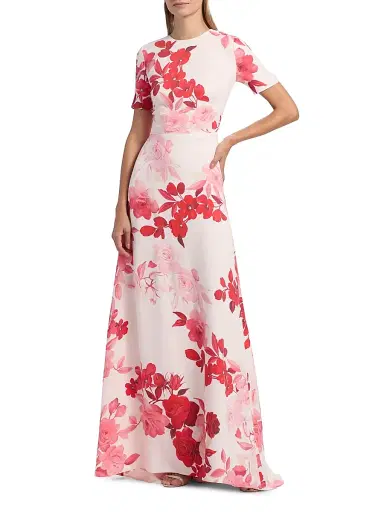 MONIQUE LHUILLIER Women's Ombré Floral Short-Sleeve A-Line Gown - Powder Pink Multi - Size 2 | Thumbnail 3 MONIQUE LHUILLIER Women's Ombré Floral Short-Sleeve A-Line Gown - Powder Pink Multi - Size 2 | Thumbnail 3