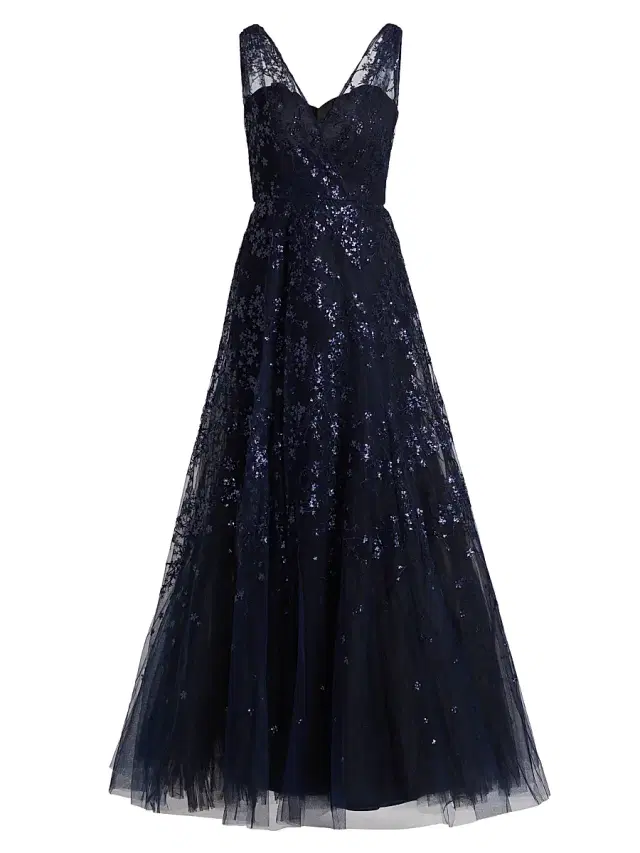 Amsale Women's Sequined Tulle Gown - Navy