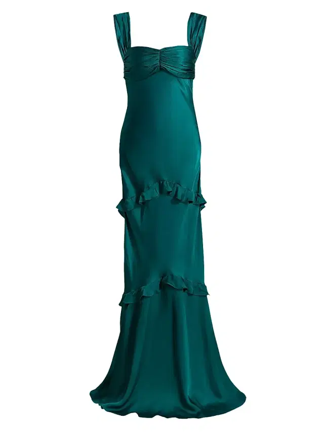 Saloni Women's Selma Ruffled Silk Maxi Dress - Midnight Green