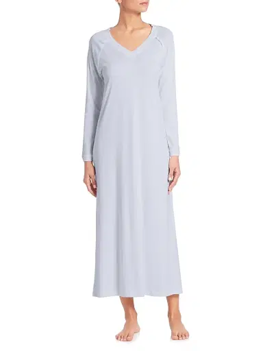 Hanro Women's Pure Essence Long-Sleeve Gown - Blue Glow - Size XS | Thumbnail 2