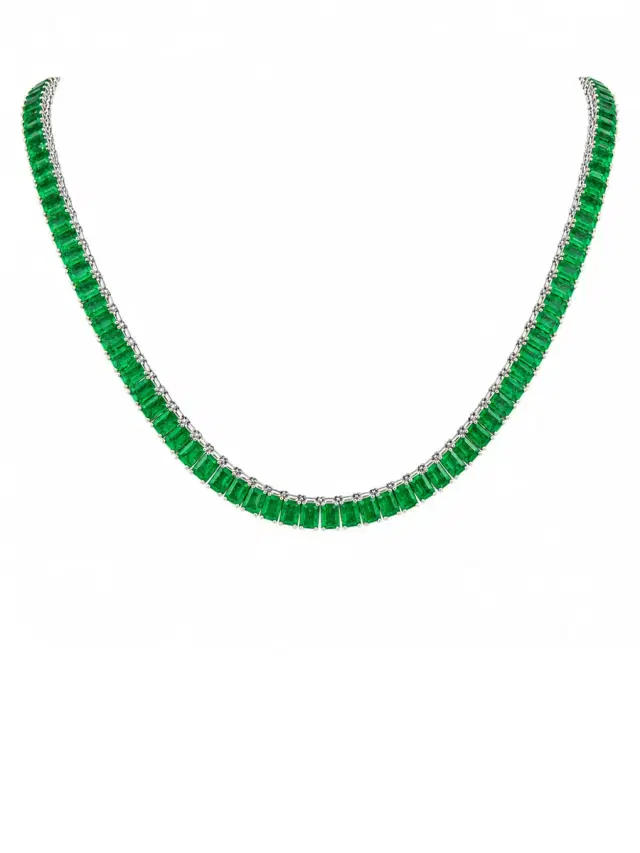 Wish Fine Jewelry 28.40ct Emerald 14K Gold Emerald Cut Tennis Necklace