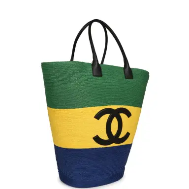 Chanel Chanel Coco Beach Maxi Shopping Bag Green, Yellow, Blue Raffia and Black Calfskin | Thumbnail 2 Chanel Chanel Coco Beach Maxi Shopping Bag Green, Yellow, Blue Raffia and Black Calfskin | Thumbnail 2