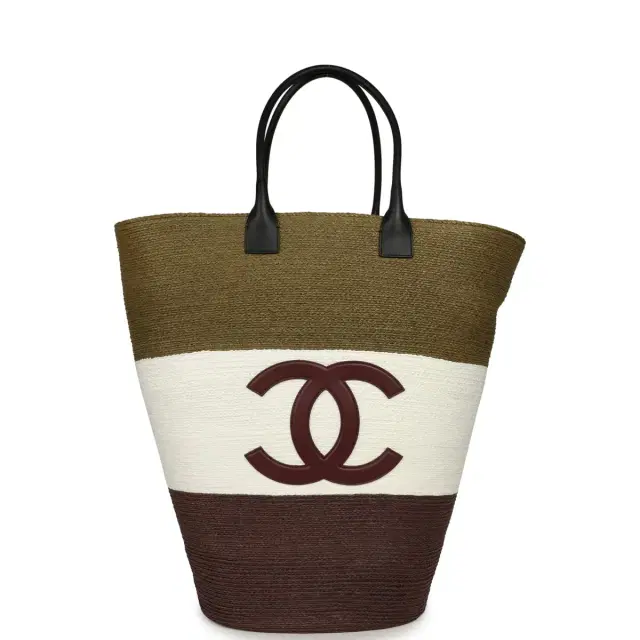 Chanel Chanel Coco Beach Maxi Shopping Bag Khaki, White, Brown Raffia and Black Calfskin