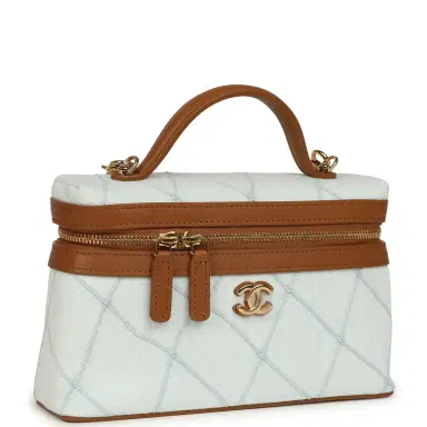 Chanel Chanel Coco Beach Top Handle Long Vanity Case with Chain Light Blue Denim and Brown Calfskin Gold Hardware | Thumbnail 2 Chanel Chanel Coco Beach Top Handle Long Vanity Case with Chain Light Blue Denim and Brown Calfskin Gold Hardware | Thumbnail 2