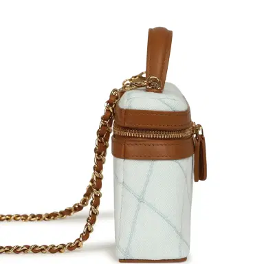 Chanel Chanel Coco Beach Top Handle Long Vanity Case with Chain Light Blue Denim and Brown Calfskin Gold Hardware | Thumbnail 3 Chanel Chanel Coco Beach Top Handle Long Vanity Case with Chain Light Blue Denim and Brown Calfskin Gold Hardware | Thumbnail 3