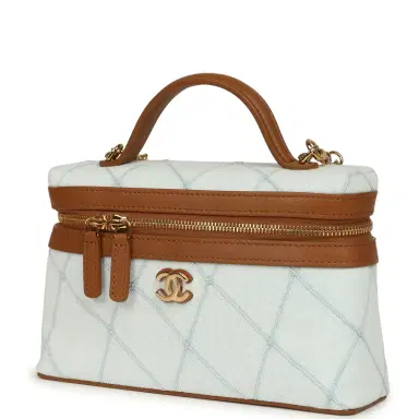 Chanel Chanel Coco Beach Top Handle Long Vanity Case with Chain Light Blue Denim and Brown Calfskin Gold Hardware | Thumbnail 5 Chanel Chanel Coco Beach Top Handle Long Vanity Case with Chain Light Blue Denim and Brown Calfskin Gold Hardware | Thumbnail 5