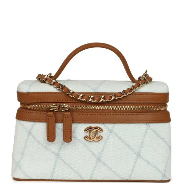 Chanel Chanel Coco Beach Top Handle Long Vanity Case with Chain Light Blue Denim and Brown Calfskin Gold Hardware