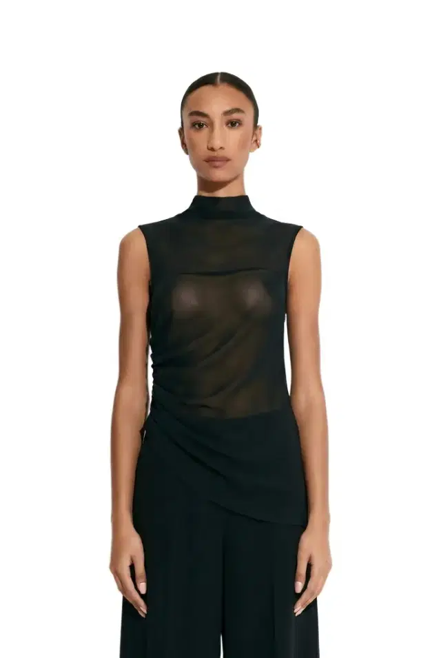 LAPOINTE Lightweight Georgette Mock Neck Ruched Top