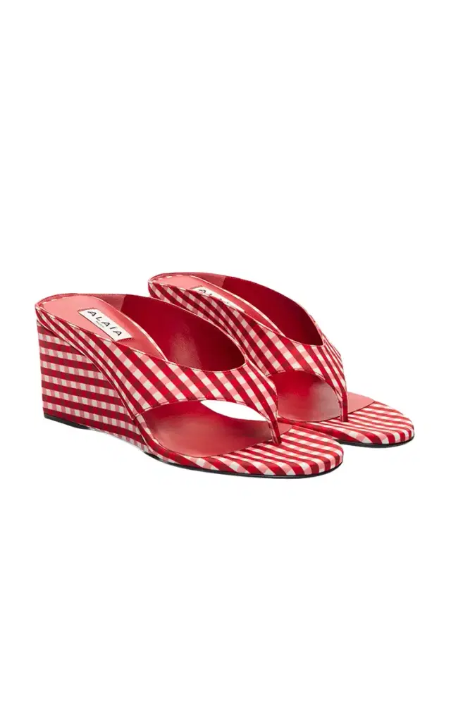 ALAÏA Cube Gingham Thong Wedge Sandals