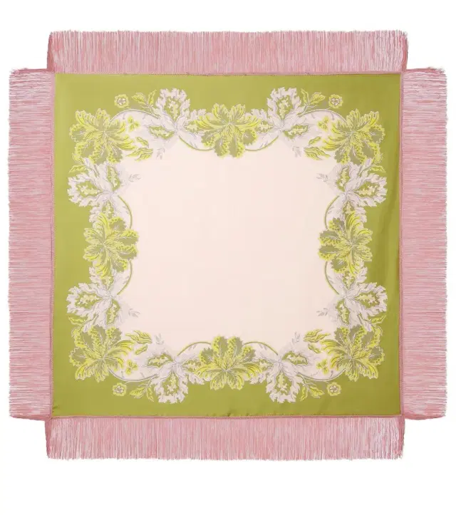 Fringed printed silk twill scarf