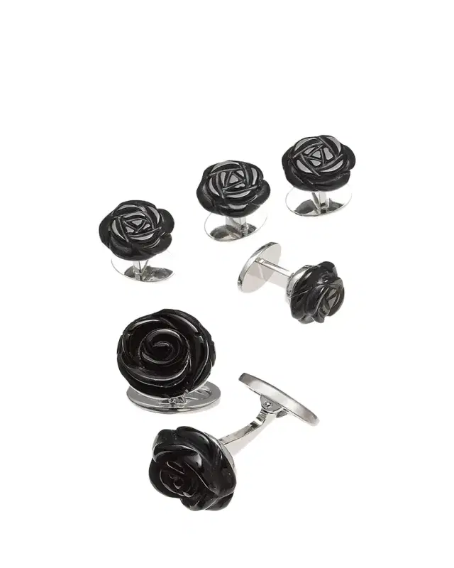 Onyx Carved Rose Tuxedo Cuff Link and Stud Set