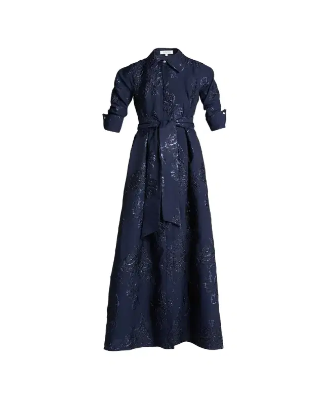 Rickie Freeman for Teri Jon Belted Jacquard Shirtdress Gown