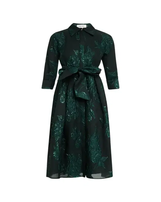 Rickie Freeman for Teri Jon Metallic Jacquard Belted Shirtdress