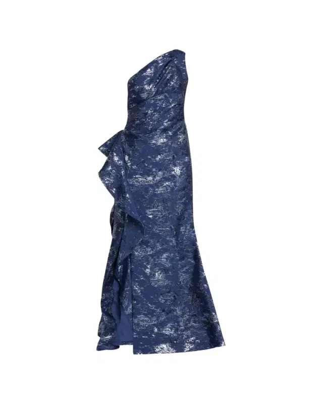 Rickie Freeman for Teri Jon Metallic Jacquard One-Shoulder Side-Ruffle Gown