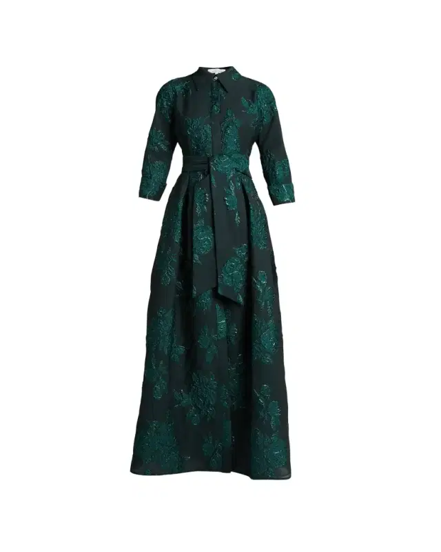 Rickie Freeman for Teri Jon Belted Jacquard Shirtdress Gown