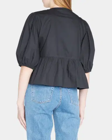 Ganni Poplin Front-Tie Peplum Blouse with Puffed-Sleeves | Thumbnail 2