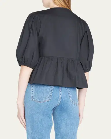 Ganni Poplin Front-Tie Peplum Blouse with Puffed-Sleeves | Thumbnail 3