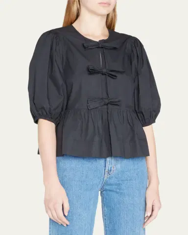 Ganni Poplin Front-Tie Peplum Blouse with Puffed-Sleeves | Thumbnail 4