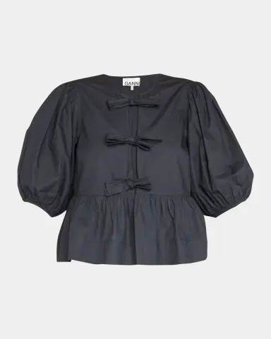 Ganni Poplin Front-Tie Peplum Blouse with Puffed-Sleeves | Thumbnail 5