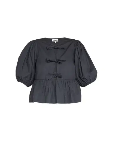 Ganni Poplin Front-Tie Peplum Blouse with Puffed-Sleeves | Thumbnail 1
