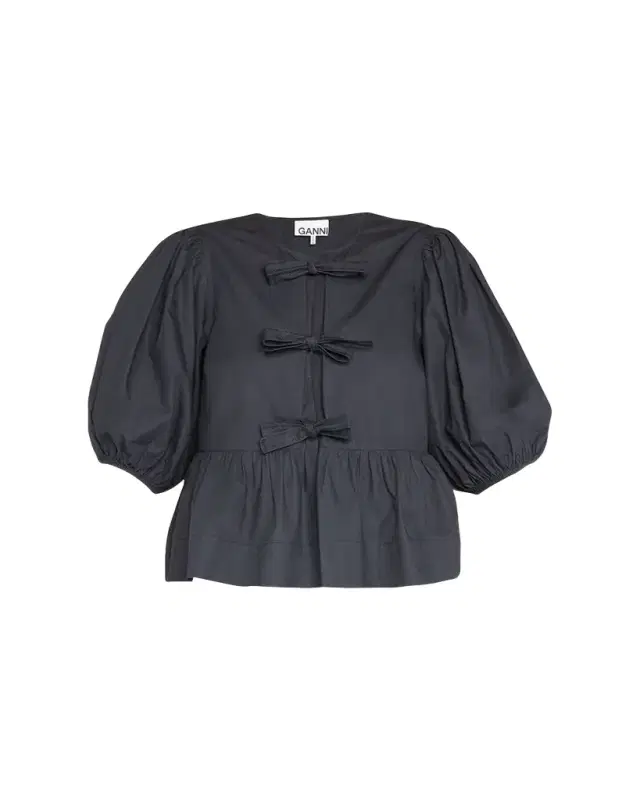 Poplin Front-Tie Peplum Blouse with Puffed-Sleeves