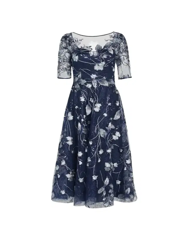 Rickie Freeman for Teri Jon Floral-Embroidered Tulle Cocktail Dress