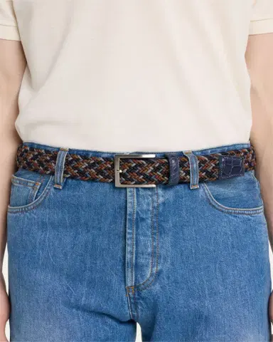W. Kleinberg Men's Stretch Woven Belt with Alligator Trim | Thumbnail 2 W. Kleinberg Men's Stretch Woven Belt with Alligator Trim | Thumbnail 2