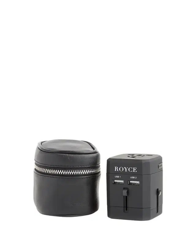ROYCE New York International Travel Adapter & Monogrammed Leather Case Set