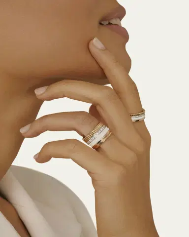 Boucheron Quatre Small Ring in Tricolor Gold with White Ceramic and Diamonds | Thumbnail 2 Boucheron Quatre Small Ring in Tricolor Gold with White Ceramic and Diamonds | Thumbnail 2