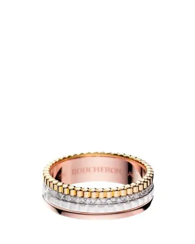 Boucheron Quatre Small Ring in Tricolor Gold with White Ceramic and Diamonds | Thumbnail 1 Boucheron Quatre Small Ring in Tricolor Gold with White Ceramic and Diamonds | Thumbnail 1