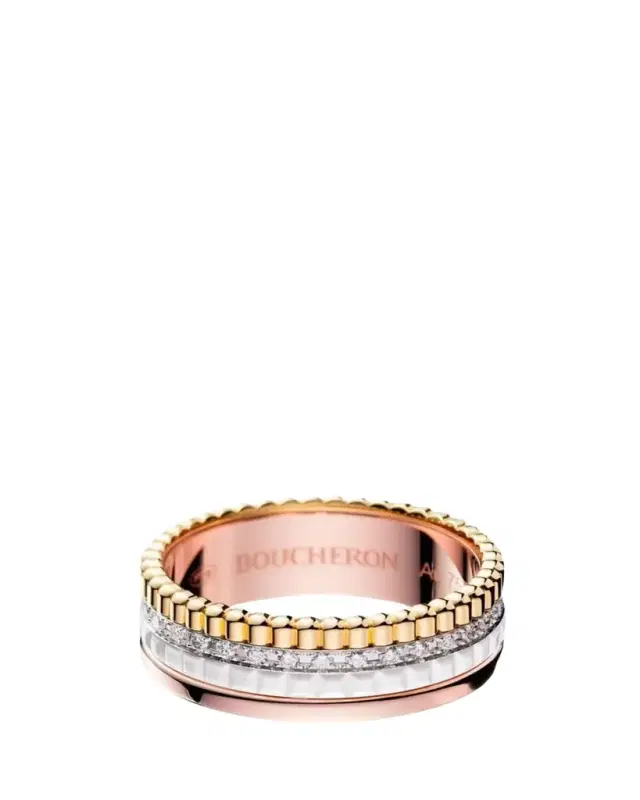 Boucheron Quatre Small Ring in Tricolor Gold with White Ceramic and Diamonds